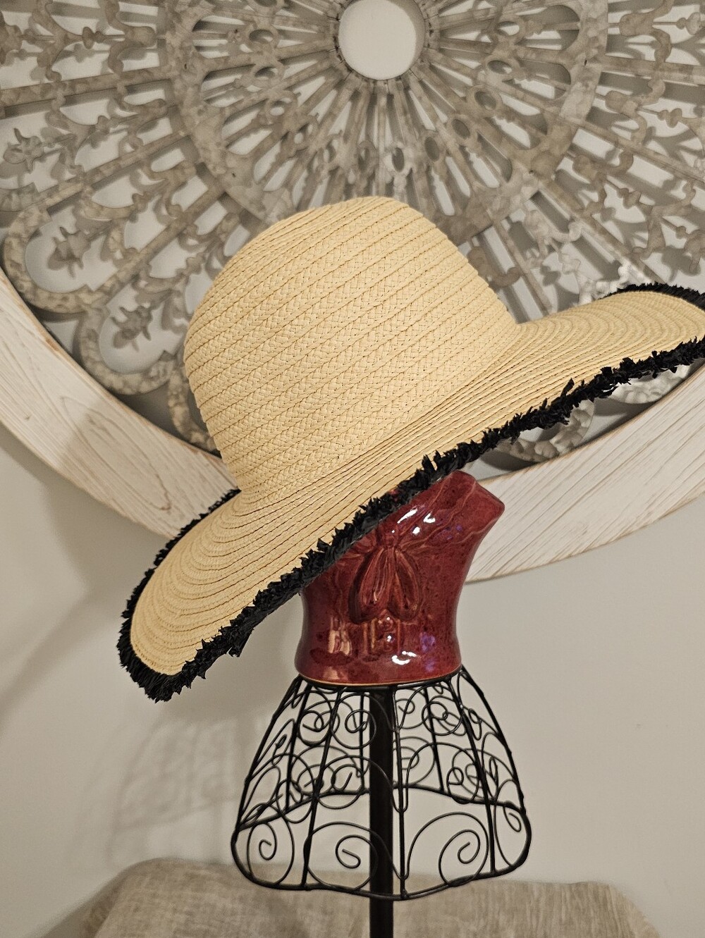 Cost Plus World Market Natural Straw Sun Hat with Black Fringe Trim
